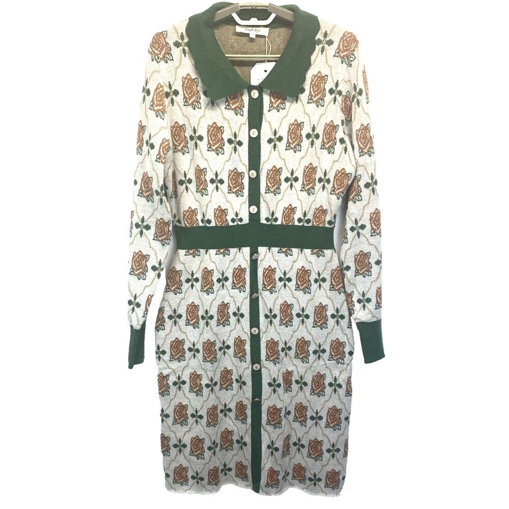 Simple Retro Midi Sweater Dress Large (38) Button Front Long Sleeve Stretch NEW